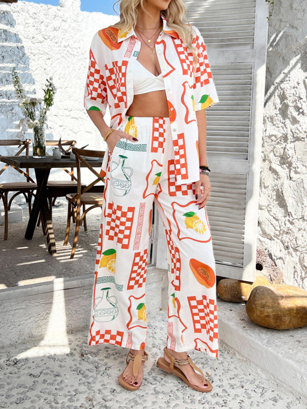 Casual Bohemian Holiday Style Contrast Print Wide Leg Trousers Set